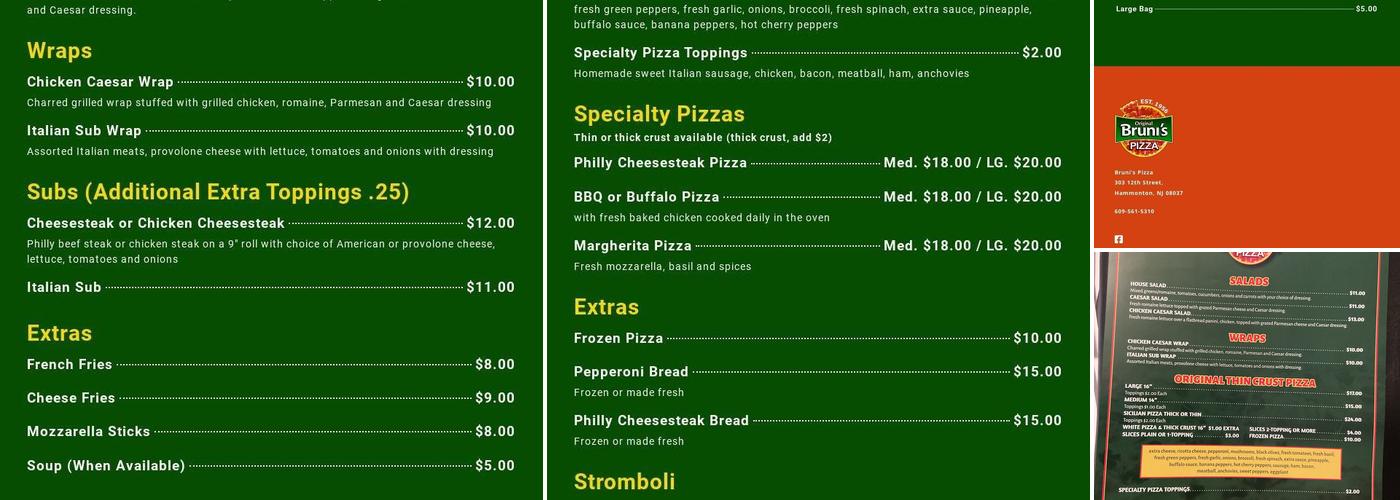 Bruni's Pizza Menu