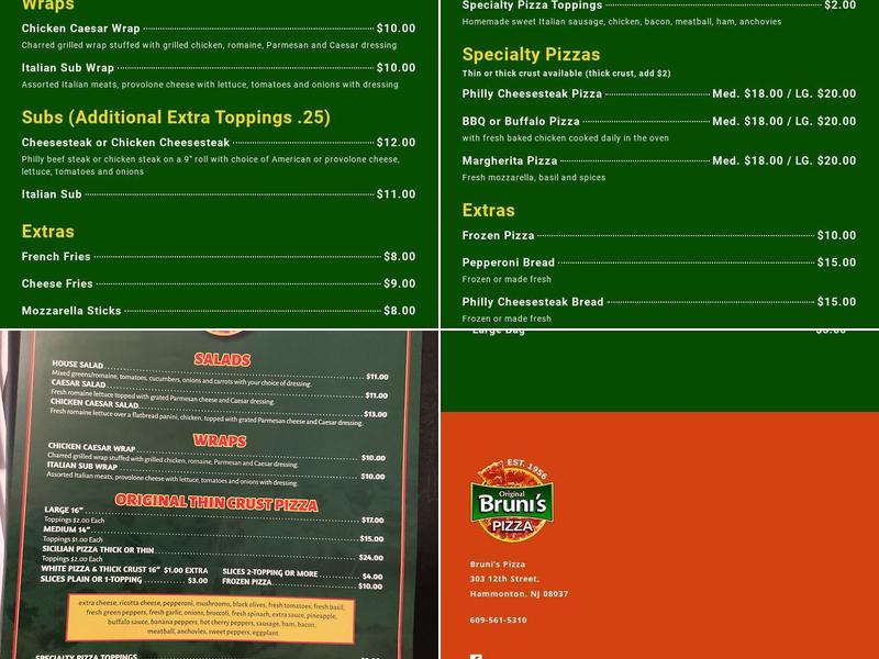 Bruni's Pizza Menu