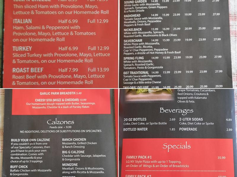 Taylors’ Pizza House Menu