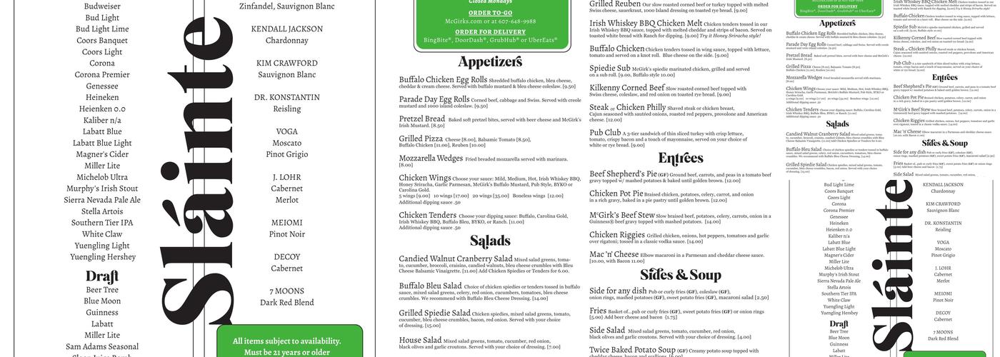 McGirk's Irish Pub Menu