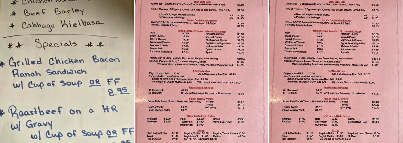 Irene's Eldred Diner Menu