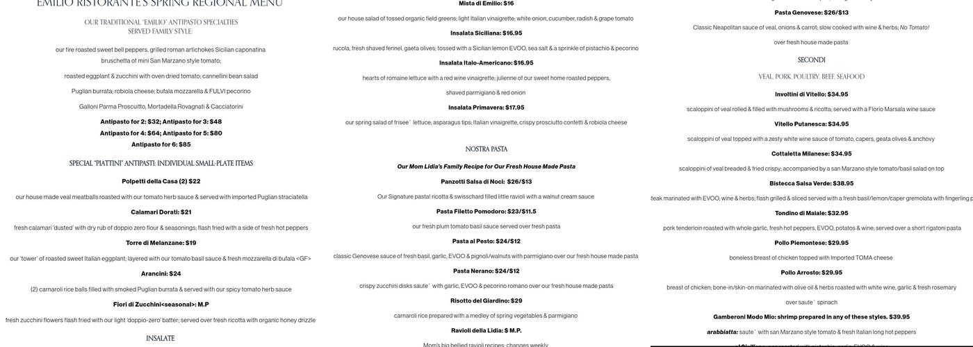Emilio Ristorante Menu