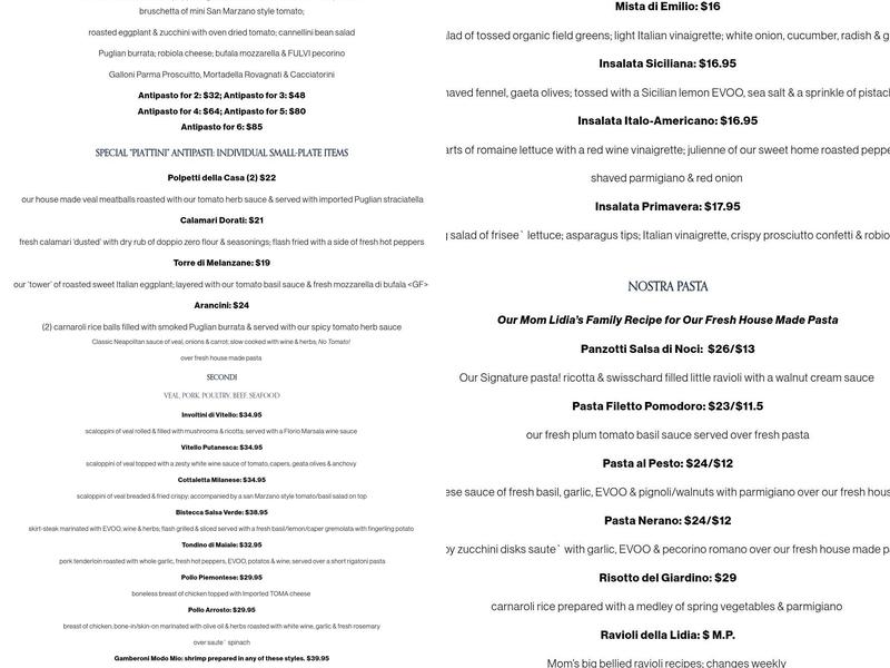 Emilio Ristorante Menu