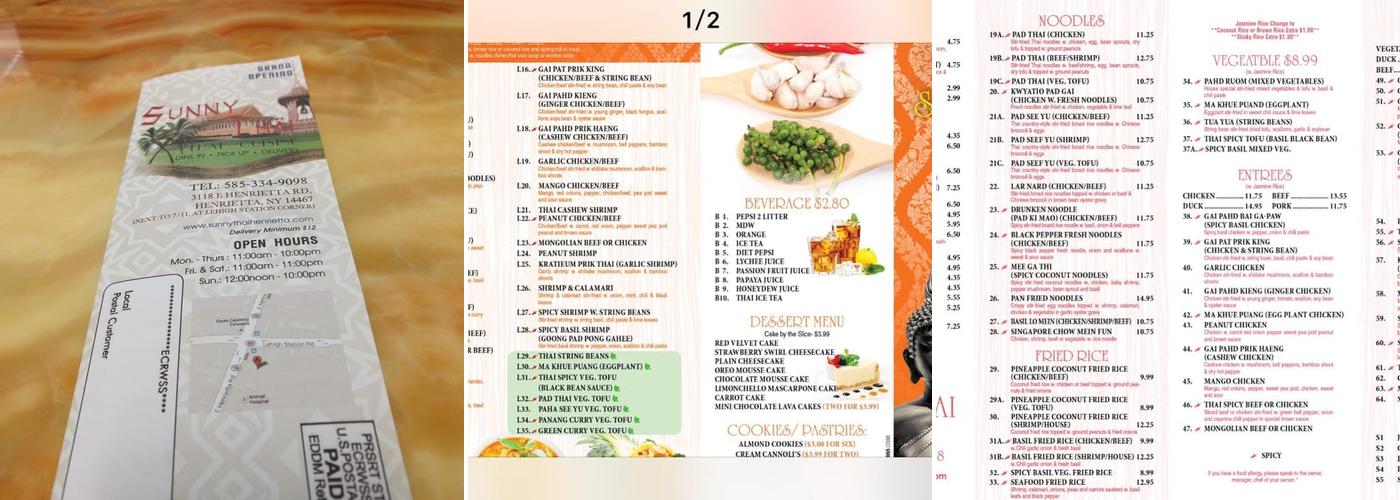 Sunny Thai Menu