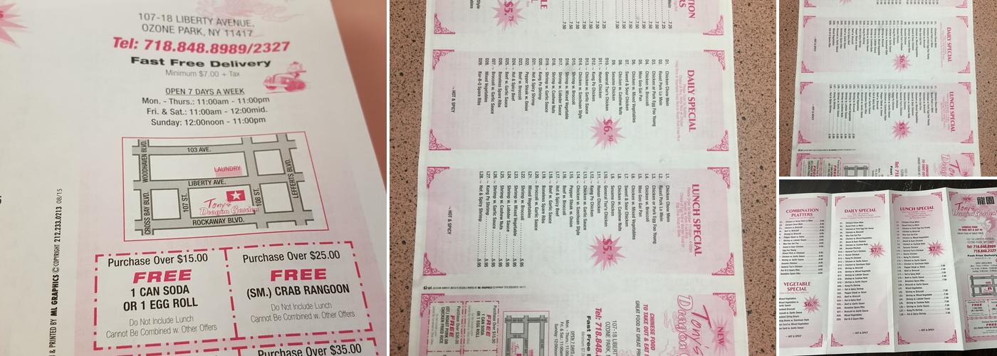 Tony's Dragon Garden Menu