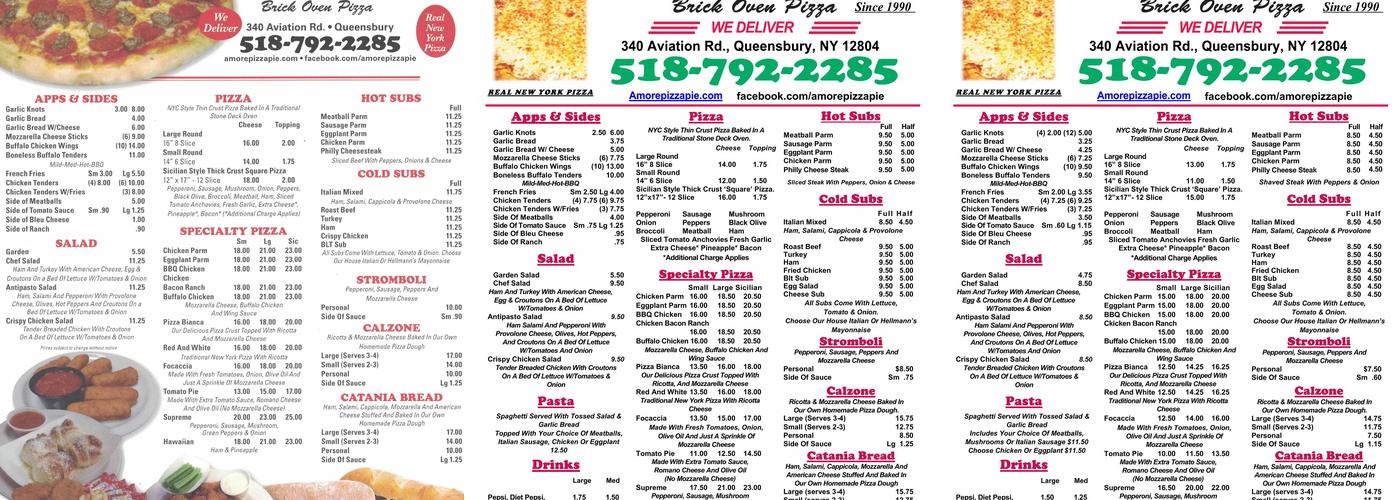 Amore Pizza Menu