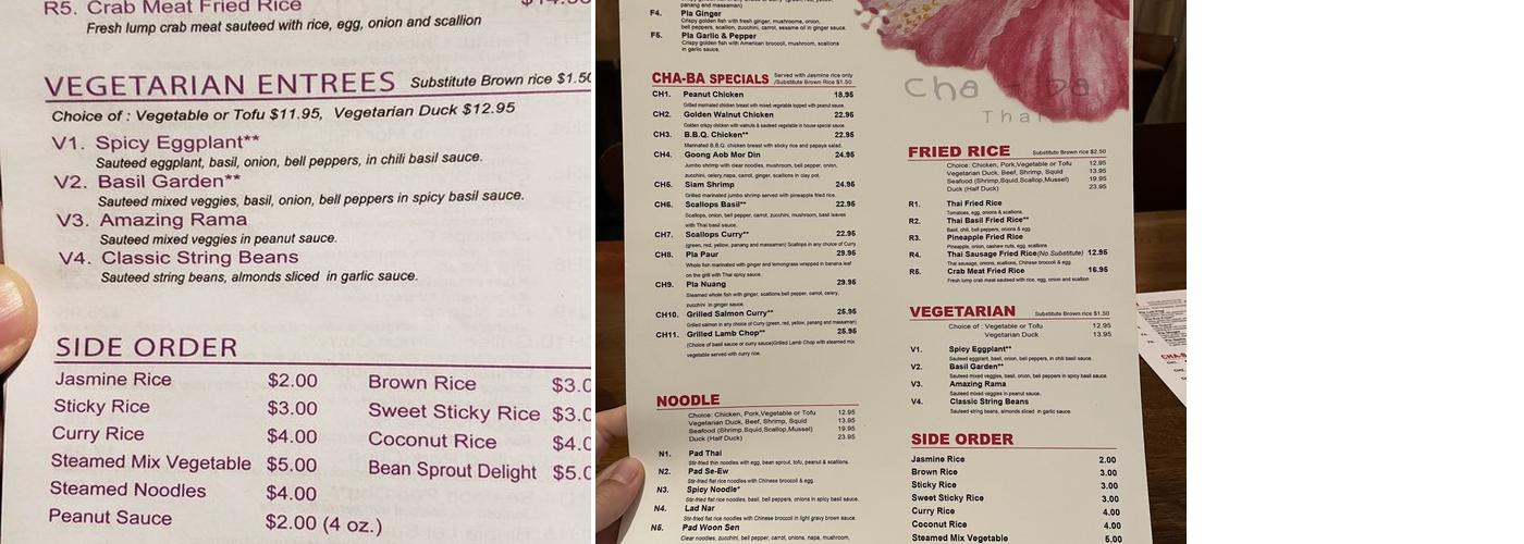 cha-ba thai Menu