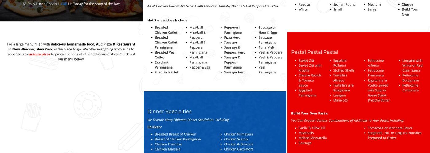 A B C Pizza & Restaurant Menu