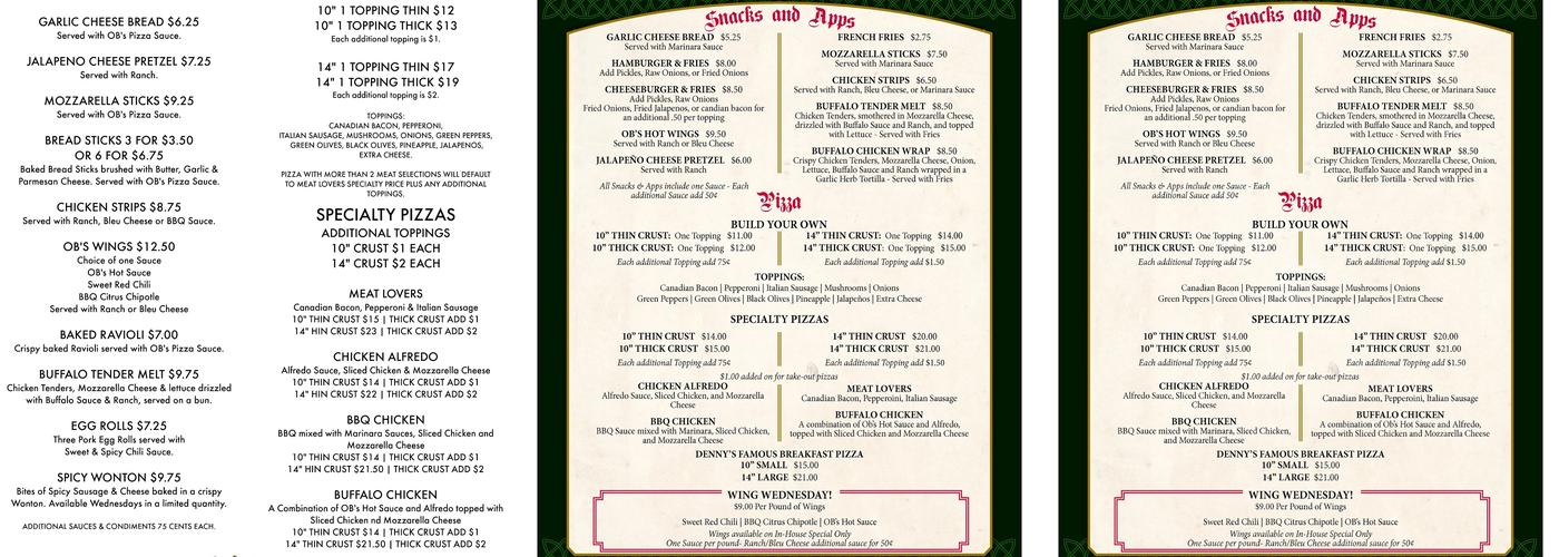 O'Brien's Pub Menu