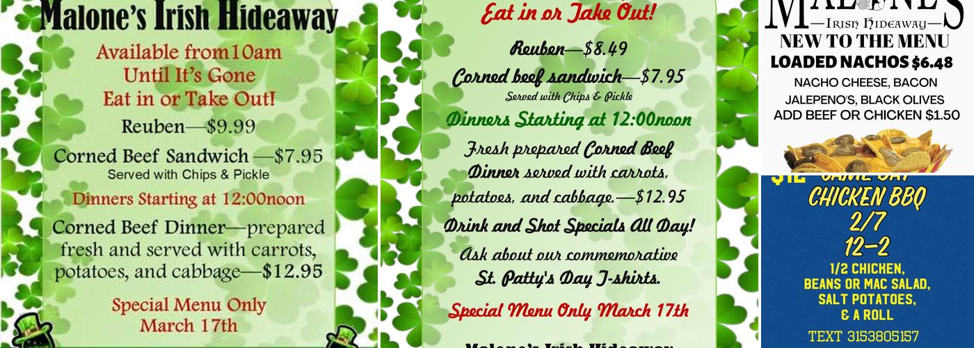 Malone's Irish Hideaway Menu