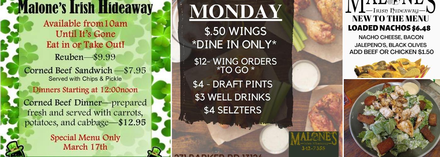 Malone's Irish Hideaway Menu