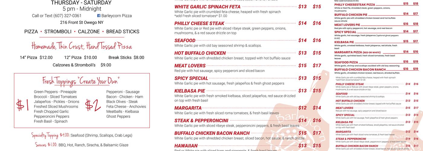 Barleycorn Pizza Menu