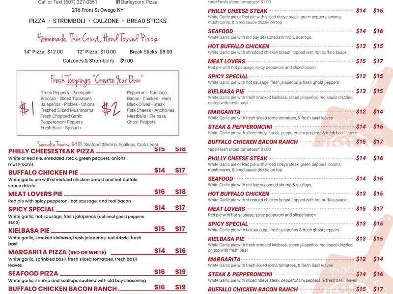 Barleycorn Pizza Menu