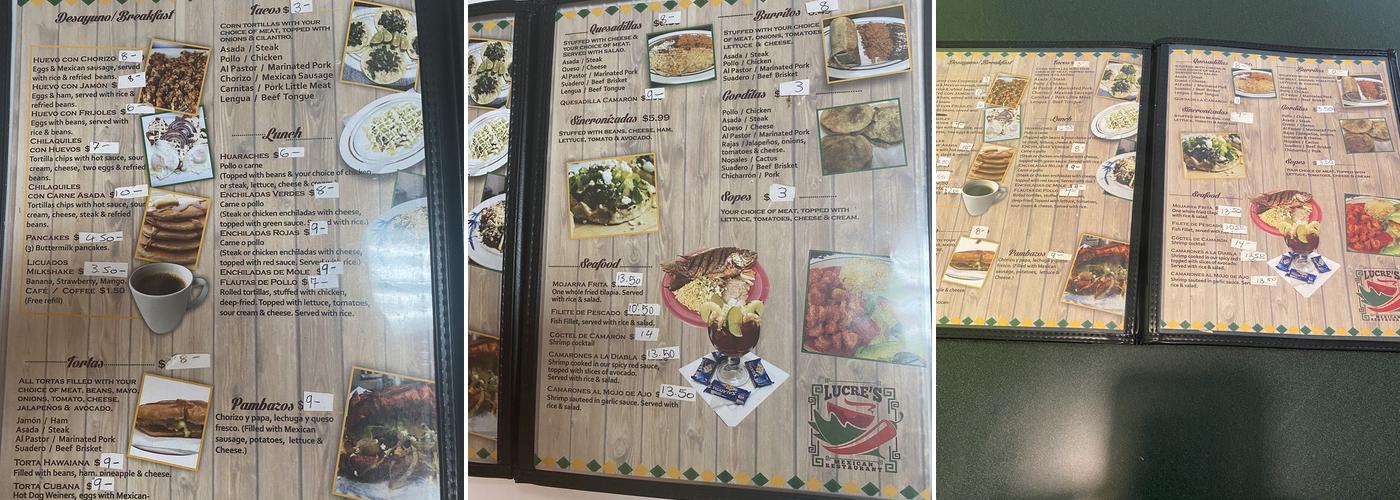 Lucre’s Restaurant Menu