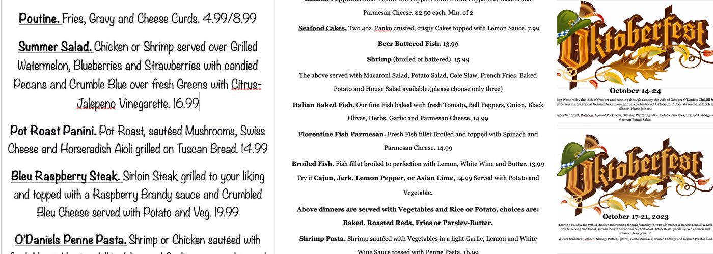 O'Daniels GinMill & Grill Menu