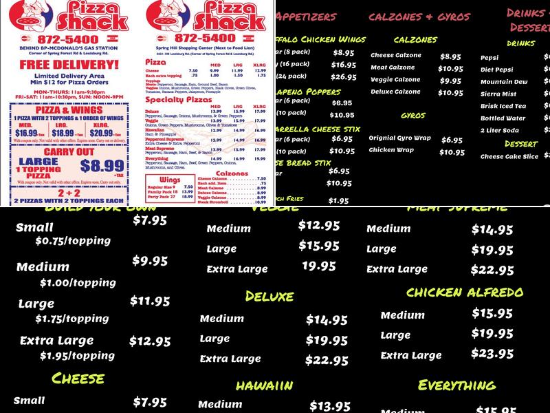 Pizza Shack Menu