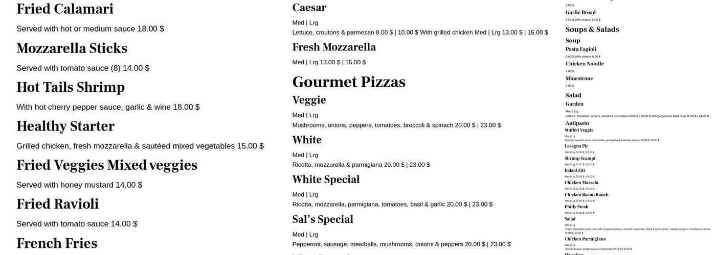 Sal's Pizza & Pasta Menu
