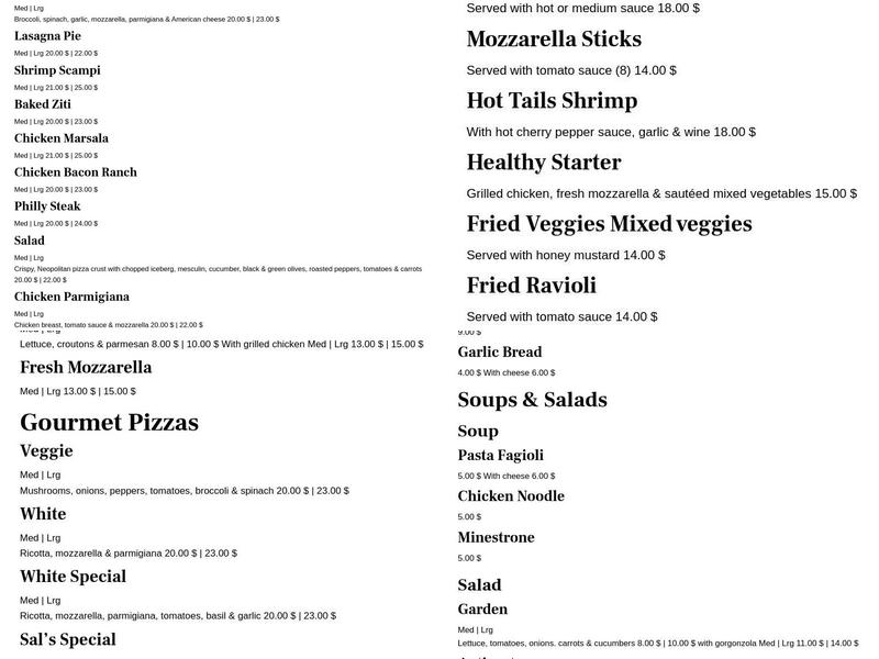 Sal's Pizza & Pasta Menu