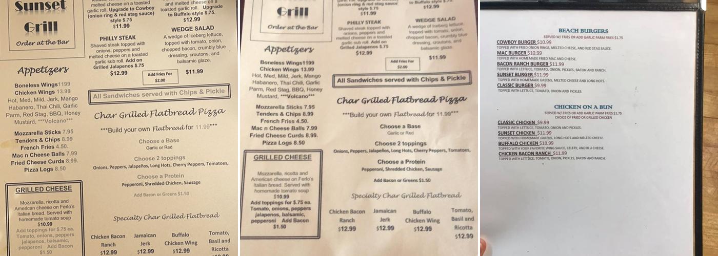 Sunset Grill Menu