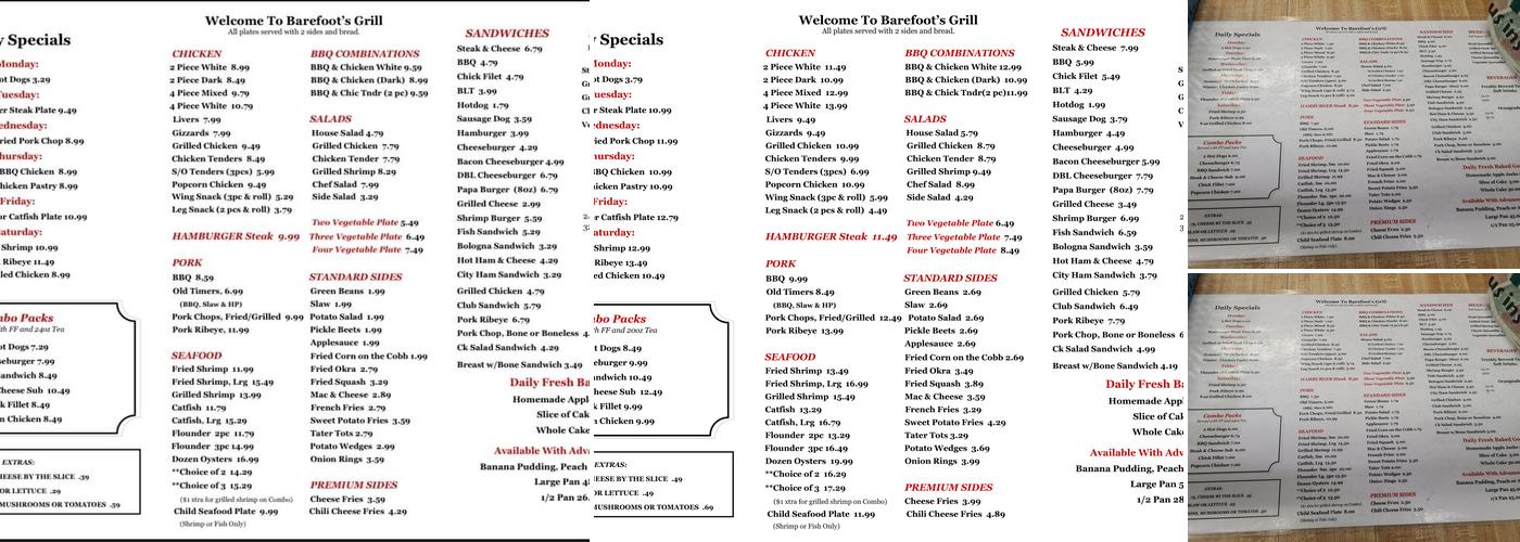 Barefoot's Country Store & Grill Menu
