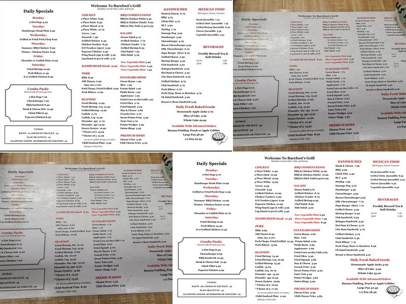 Barefoot's Country Store & Grill Menu