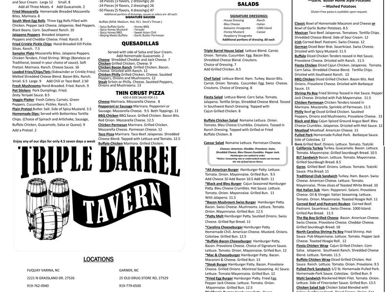 Triple Barrel Tavern Menu