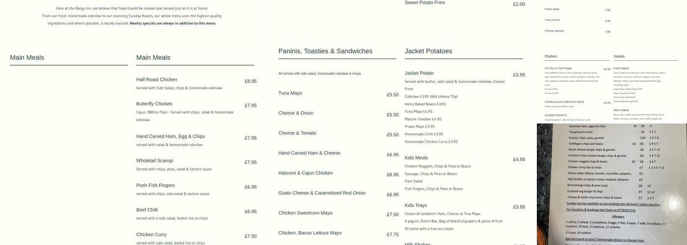 Barge Inn Menu