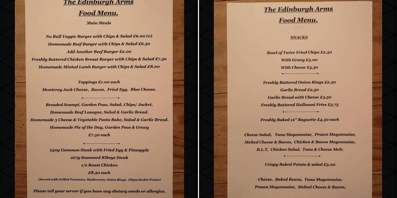 Edinburgh Arms Menu