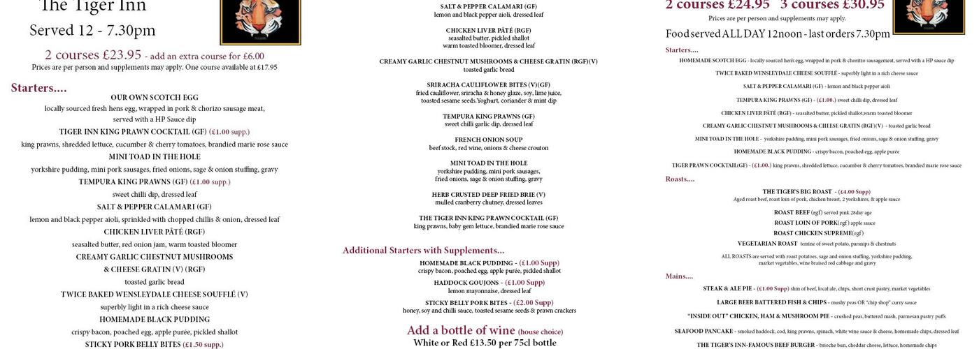 The Tiger Inn Menu