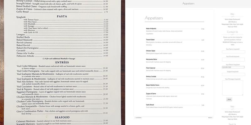 Gino's Italian Restaurant Menu