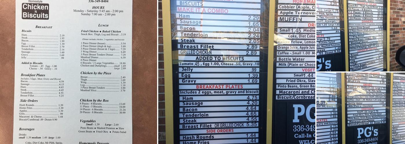 P G's Home Style Chicken Menu