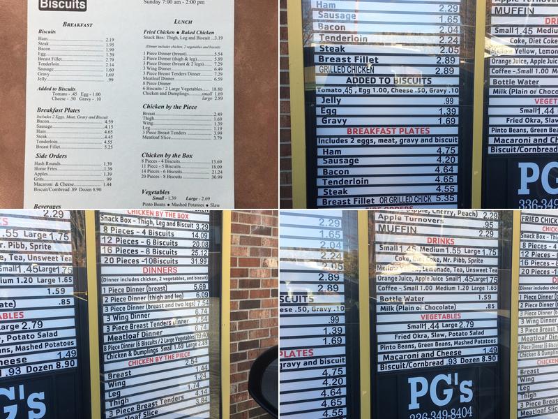 P G's Home Style Chicken Menu