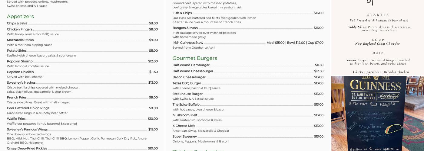 Sweeney's Irish Pub Menu