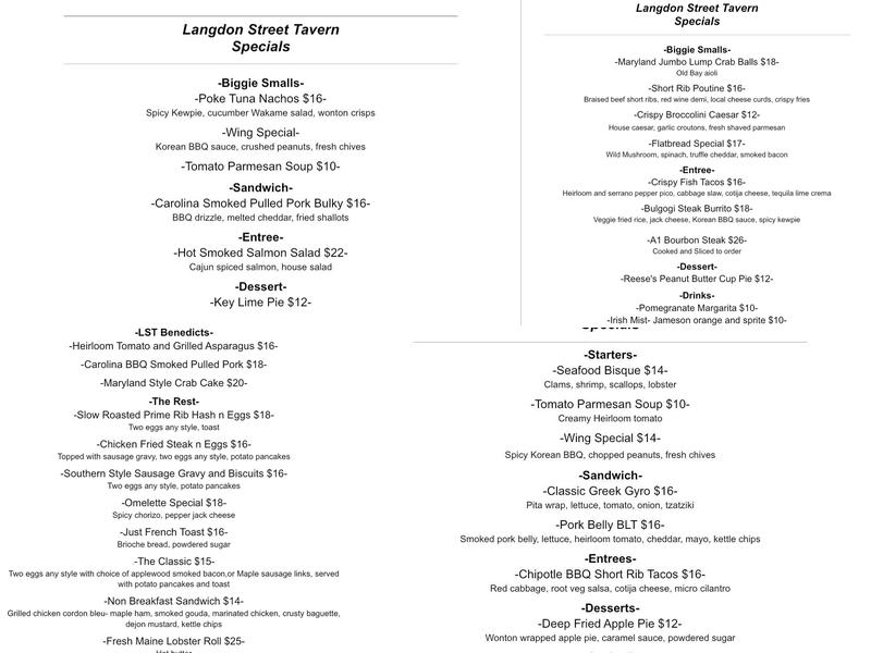 Langdon Street Tavern Menu