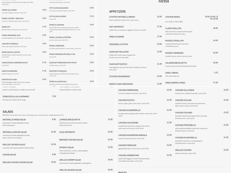 Antonella's Restautant Hyde Park Menu