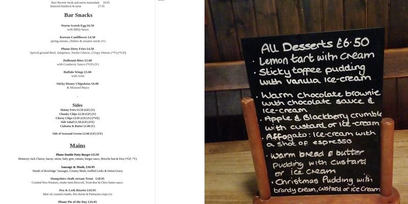 Plume of Feathers Menu