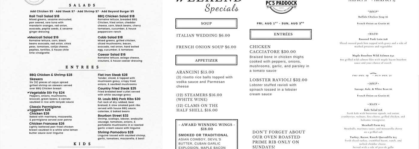 P.C.'s Paddock Menu