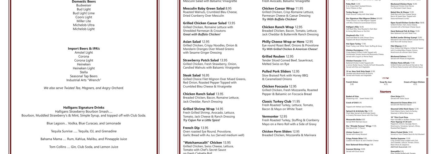 Halligans Public House Menu