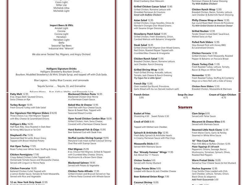 Halligans Public House Menu