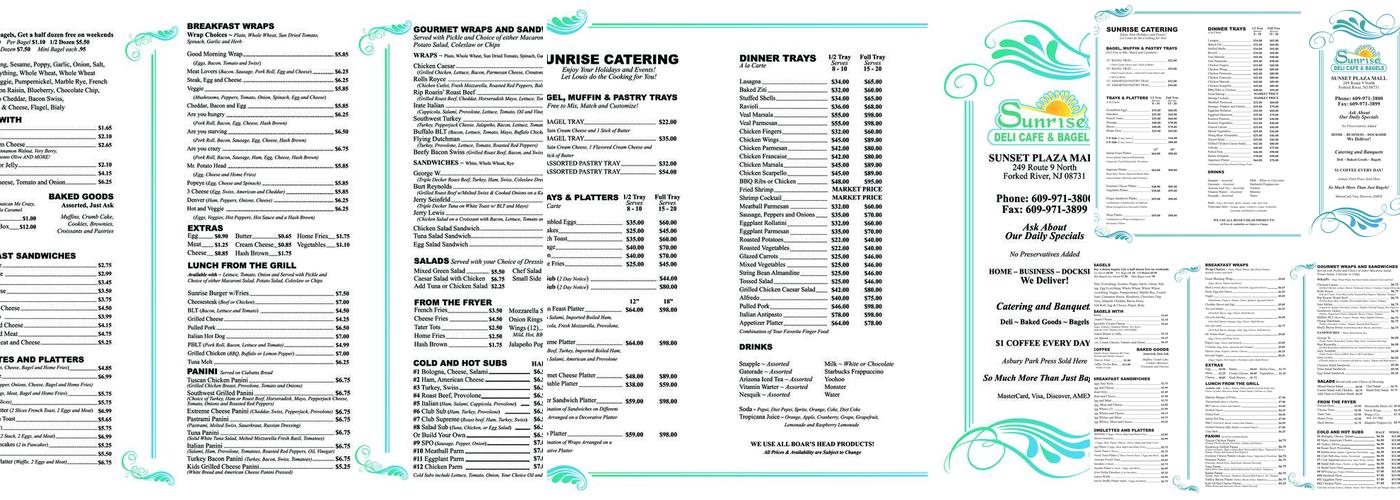 Sunrise Bagels Menu