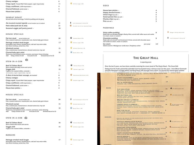 The King's Head, Aylesbury Menu
