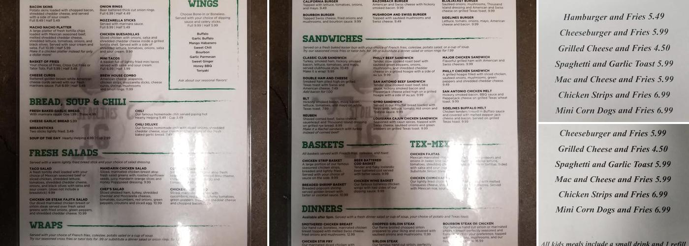 Sidelines Sports Grill Ltd Menu