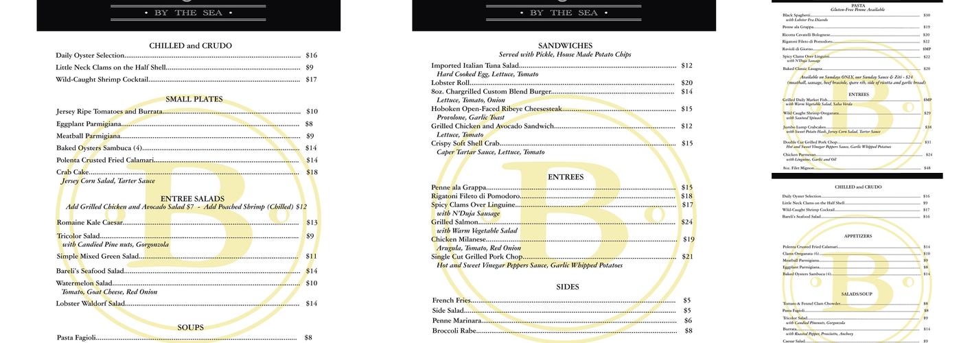 Amelia's By the Sea Menu