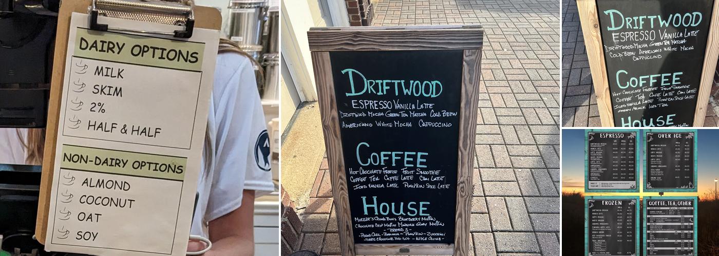 Driftwood. A Coastal Coffee House. Menu