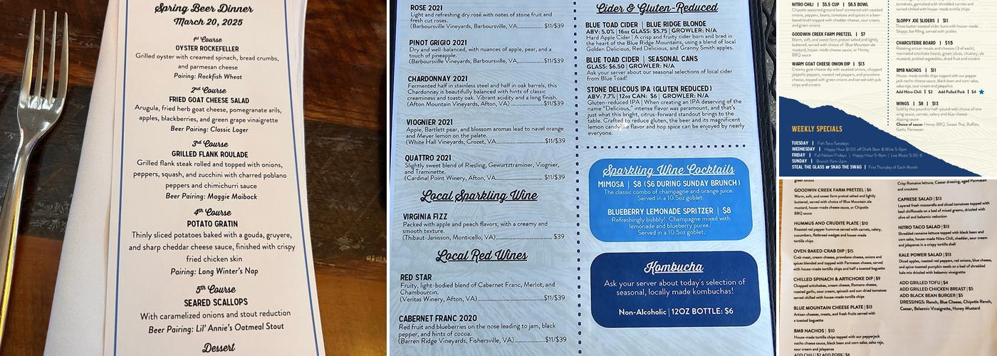 Blue Mountain Brewery Menu