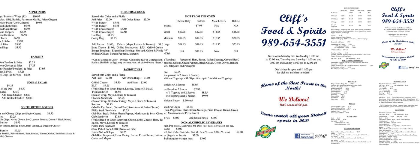 Cliff's Bar Menu