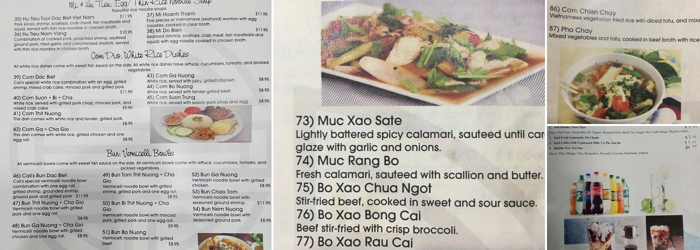 Pho Cali Menu