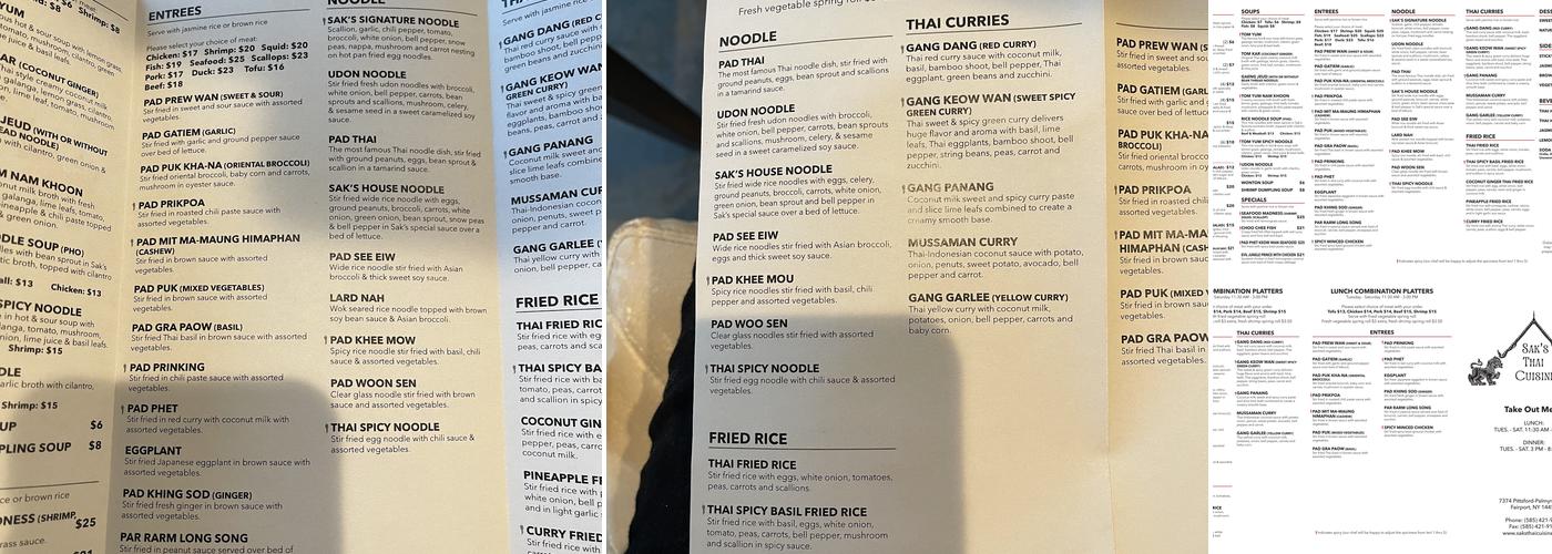 Saks Thai Cuisine Inc Menu