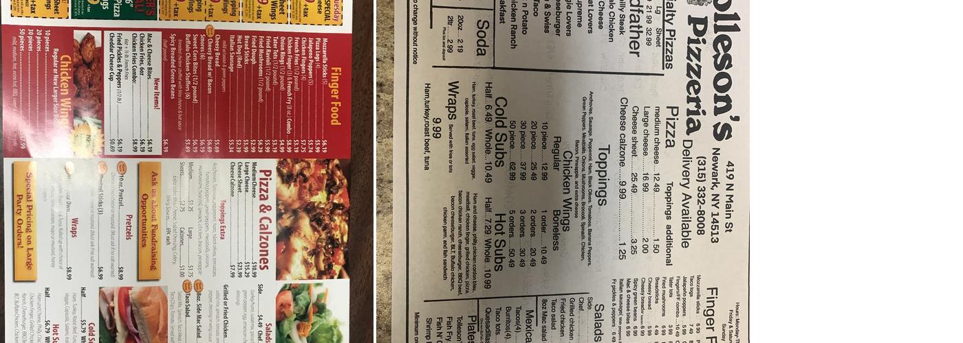Tolleson's Pizzeria Menu