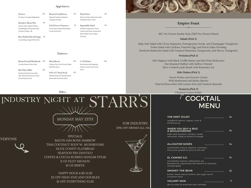 Starr's Restaurant Menu